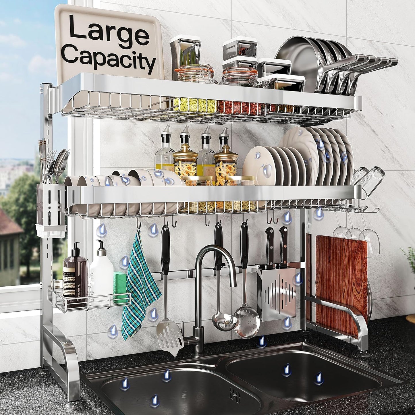 BOOSINY 2 Tier Black Large Stainless Steel Dish Drainers Drying Rack for Kitchen Counter with Drainboard, Rust Proof Metal, Space Saving, Modern Aesthetic, Compact Plates Strainers with Extra Mat