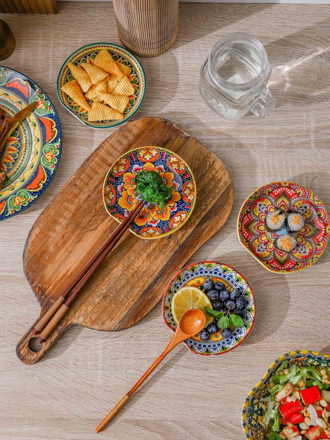 Henten Home Ceramic Spoon Rest for Stove Top, Bohemia Porcelain Spoon Holder Set of 6, Colorful Appetizer Plates for Sushi, Snack, Dishwasher & Microwave Safe