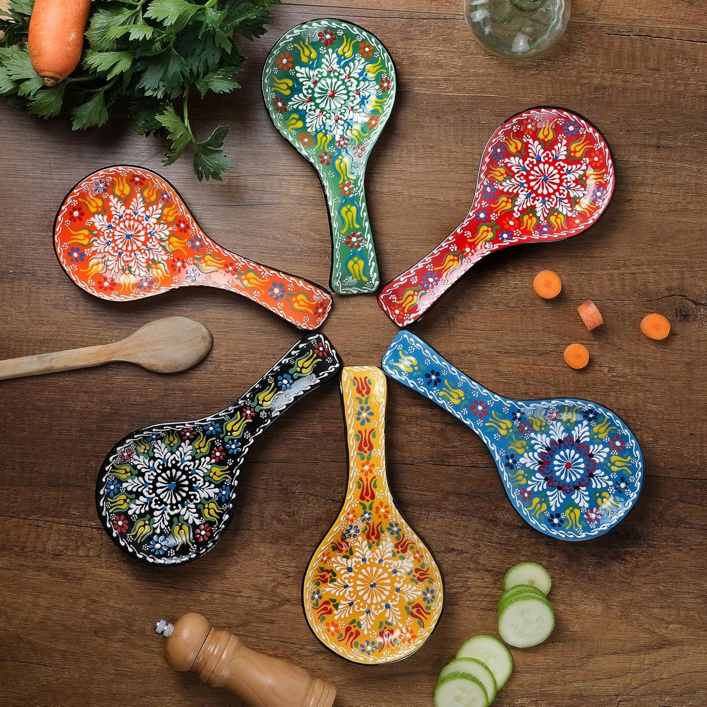 BCS Spoon Rest Set of 2 - Ceramic Spoon Holder for Stovetop & Kitchen Counter - Dishwasher Safe Handmade Kitchen Utensil (Blue-Red 4.5” W x 9" L)