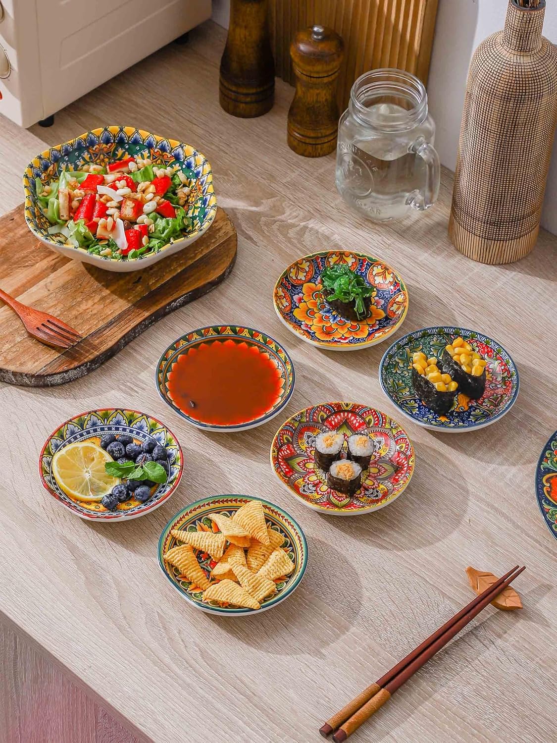 Henten Home Ceramic Spoon Rest for Stove Top, Bohemia Porcelain Spoon Holder Set of 6, Colorful Appetizer Plates for Sushi, Snack, Dishwasher & Microwave Safe