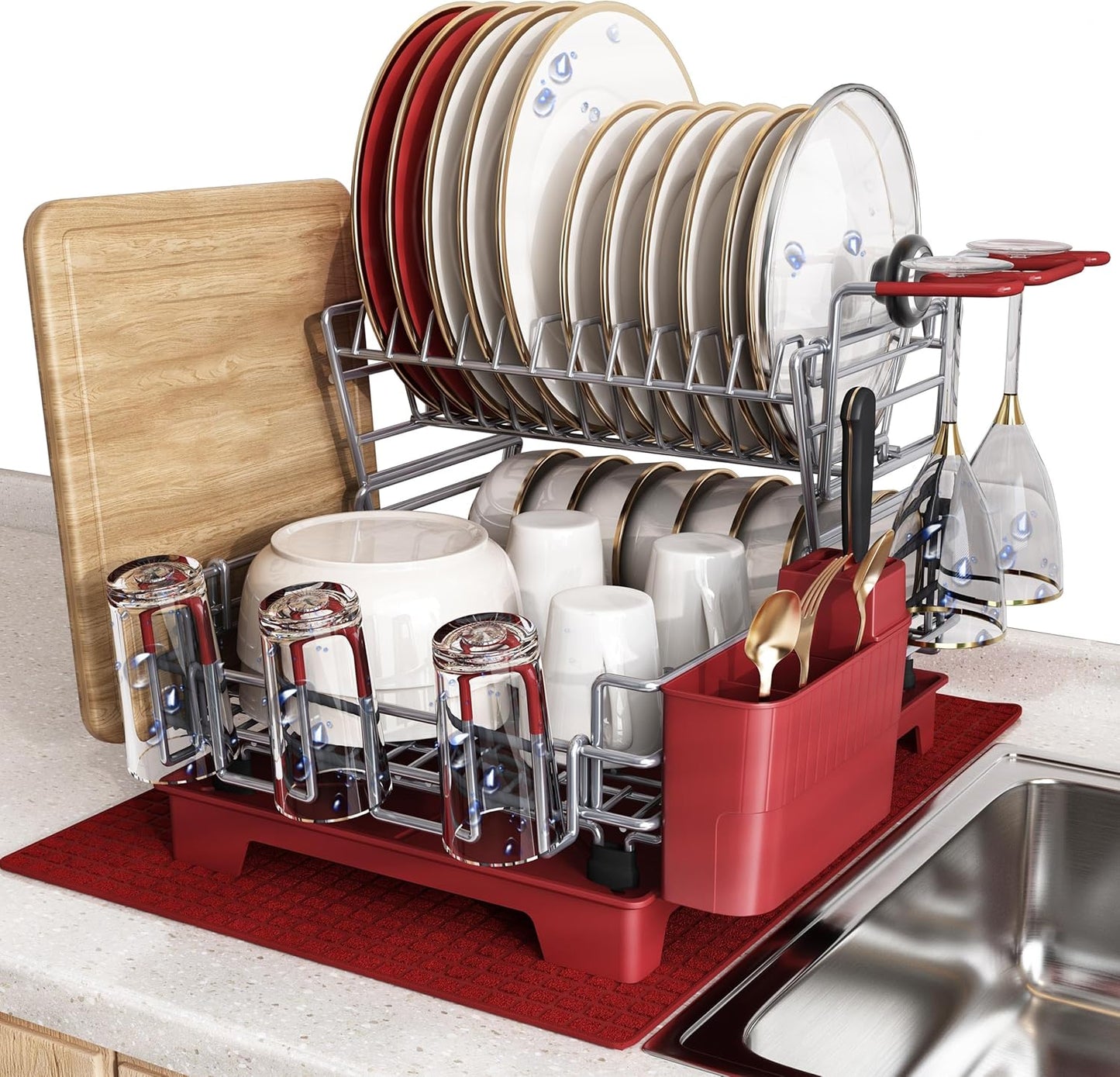 BOOSINY 2 Tier Black Large Stainless Steel Dish Drainers Drying Rack for Kitchen Counter with Drainboard, Rust Proof Metal, Space Saving, Modern Aesthetic, Compact Plates Strainers with Extra Mat