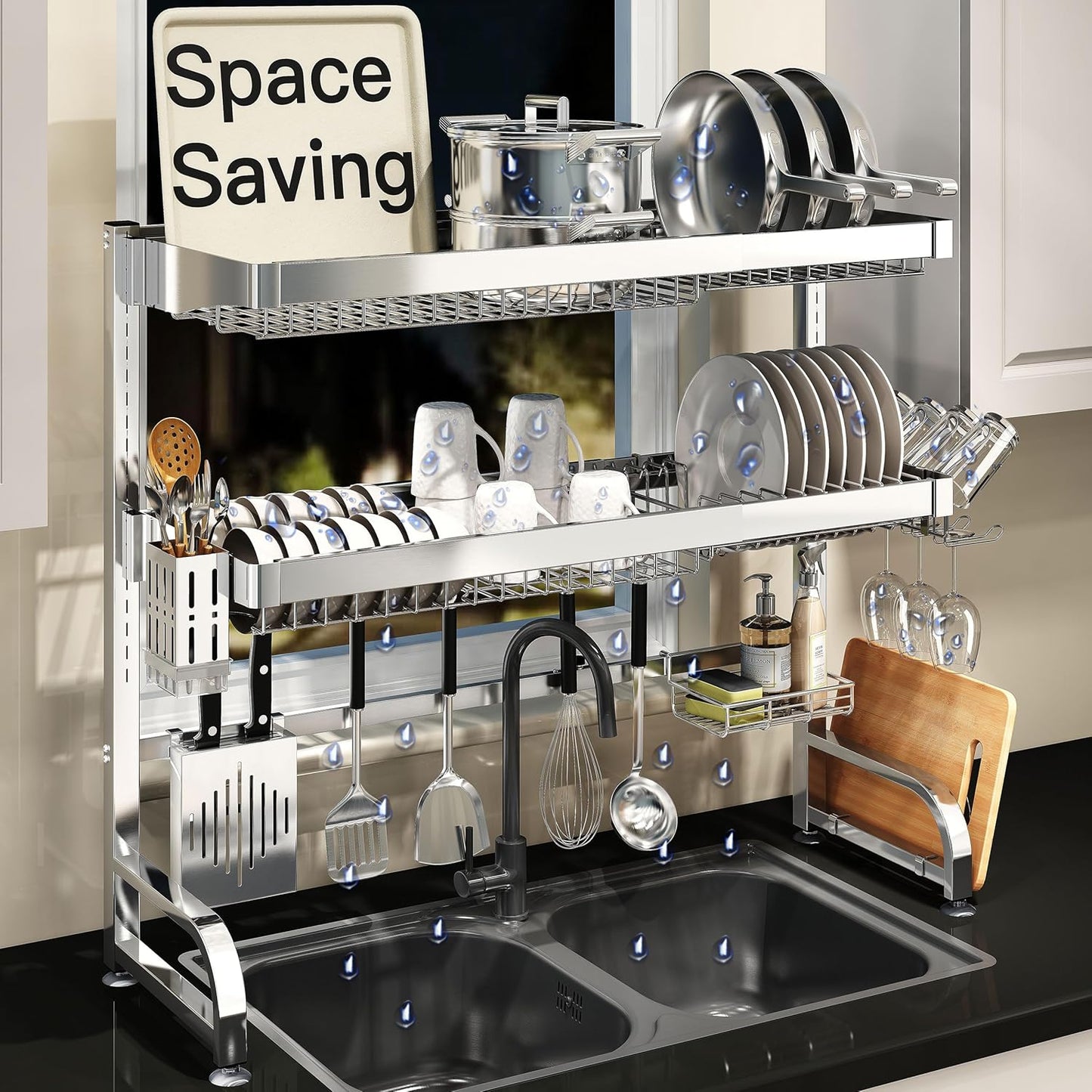 Dish Drying Rack in Sink, Expandable Stainless Steel Dish Drainers for Kitchen Counter, Dish Dryer Rack for Inside Sink, Over The Sink Dish Racks with Utensil Holder, Silver
