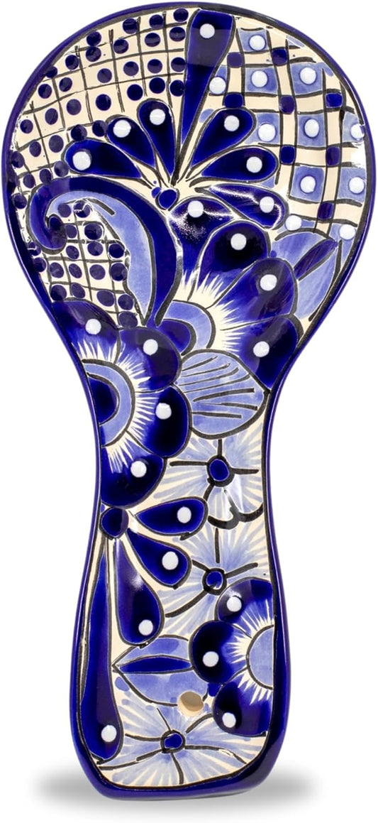 Ceramic Spoon Rest - Hand Painted Talavera Ceramic Spoon Holder in Gift Box - Lead-Free - Blue and White Mexican Style Cuchara Azul Blanco