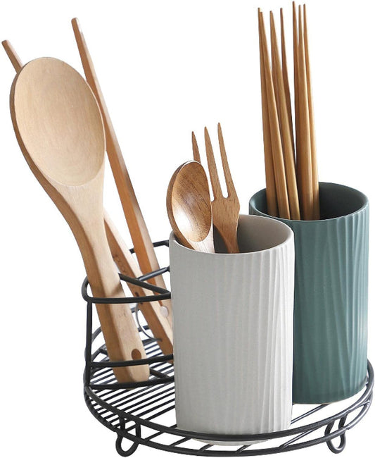 Kitchen Cutlery Holder,Utensil Organizer,Ceramic Kitchen Cutlery Storage Tube with Metal Rack Gadgets Tools Organizer Box Accessories Utensils Conatiner Holder Jar