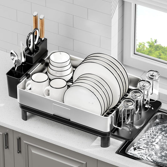 Dish Drying Rack, 304 Stainless Steel Dish Racks for Kitchen Counter, Dish Drainers with Automatic Drainage, Utensil Holder & Cups Holder, Space Saving Kitchen Organizer, Black