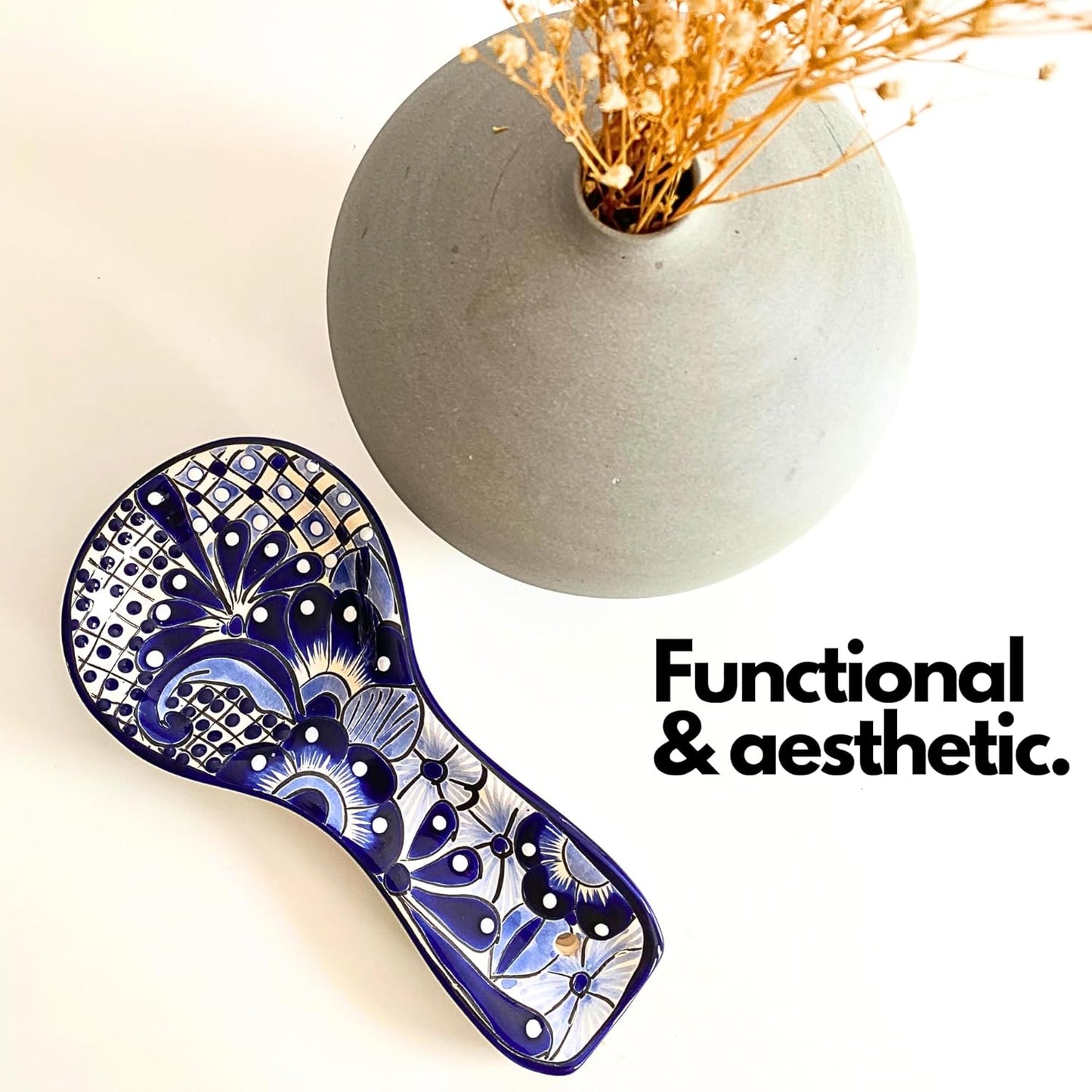Ceramic Spoon Rest - Hand Painted Talavera Ceramic Spoon Holder in Gift Box - Lead-Free - Blue and White Mexican Style Cuchara Azul Blanco