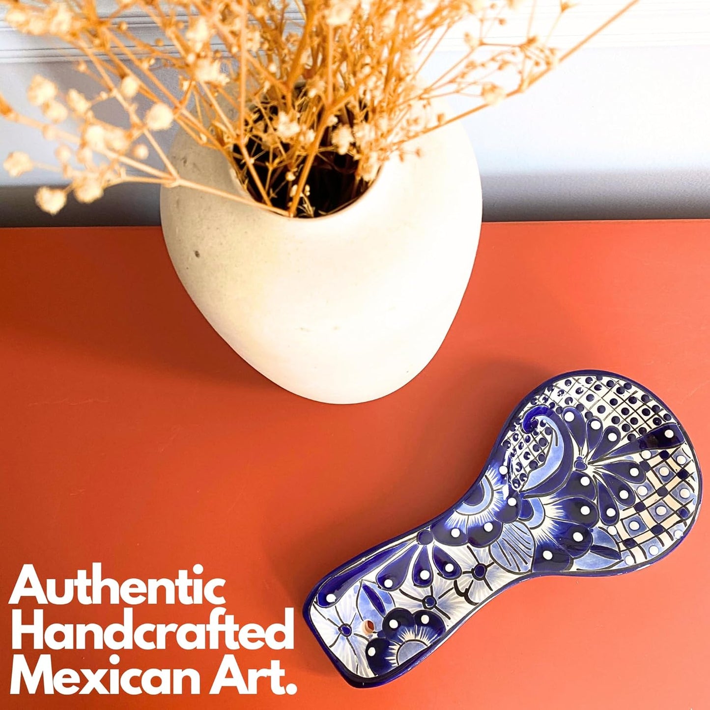Ceramic Spoon Rest - Hand Painted Talavera Ceramic Spoon Holder in Gift Box - Lead-Free - Blue and White Mexican Style Cuchara Azul Blanco