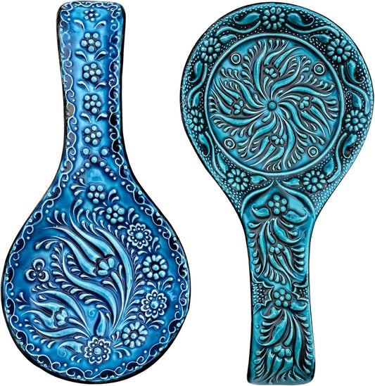 BCS Spoon Rest Set of 2 - Ceramic Spoon Holder for Stovetop & Kitchen Counter - Dishwasher Safe Handmade Kitchen Utensil (Turquoise 4.5" W x 9" L)