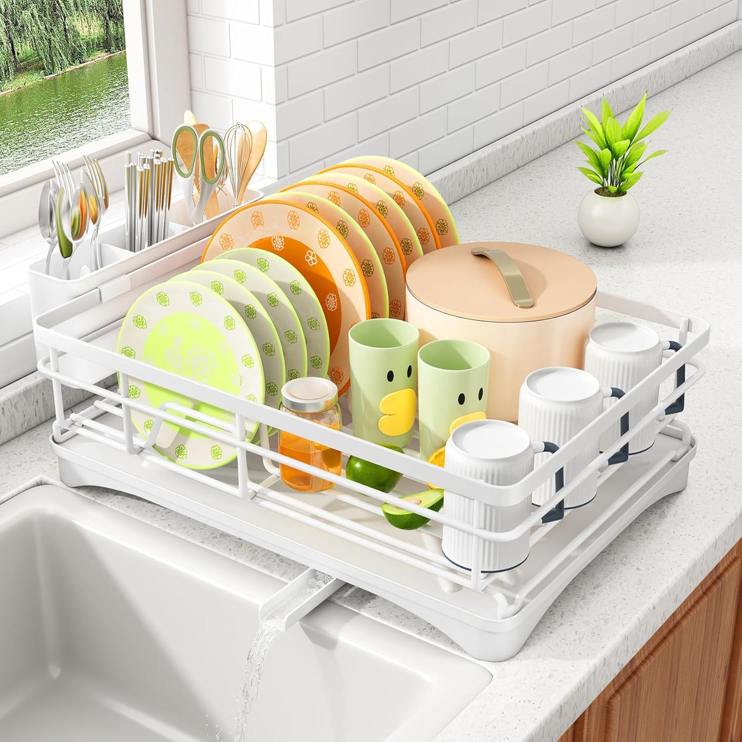 Dish Drying Rack - Stainless Steel Dish Rack for Kitchen Counter, Large-Capacity Dish Drainer with Cutlery Holder, Kitchen Organizer for Dishes, Spoons and Forks, Black