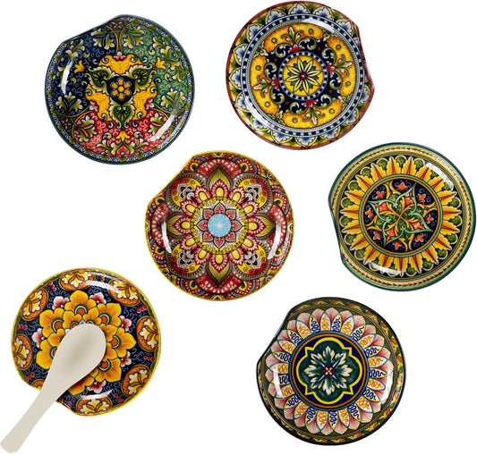 Henten Home Ceramic Spoon Rest for Stove Top, Bohemia Porcelain Spoon Holder Set of 6, Colorful Appetizer Plates for Sushi, Snack, Dishwasher & Microwave Safe