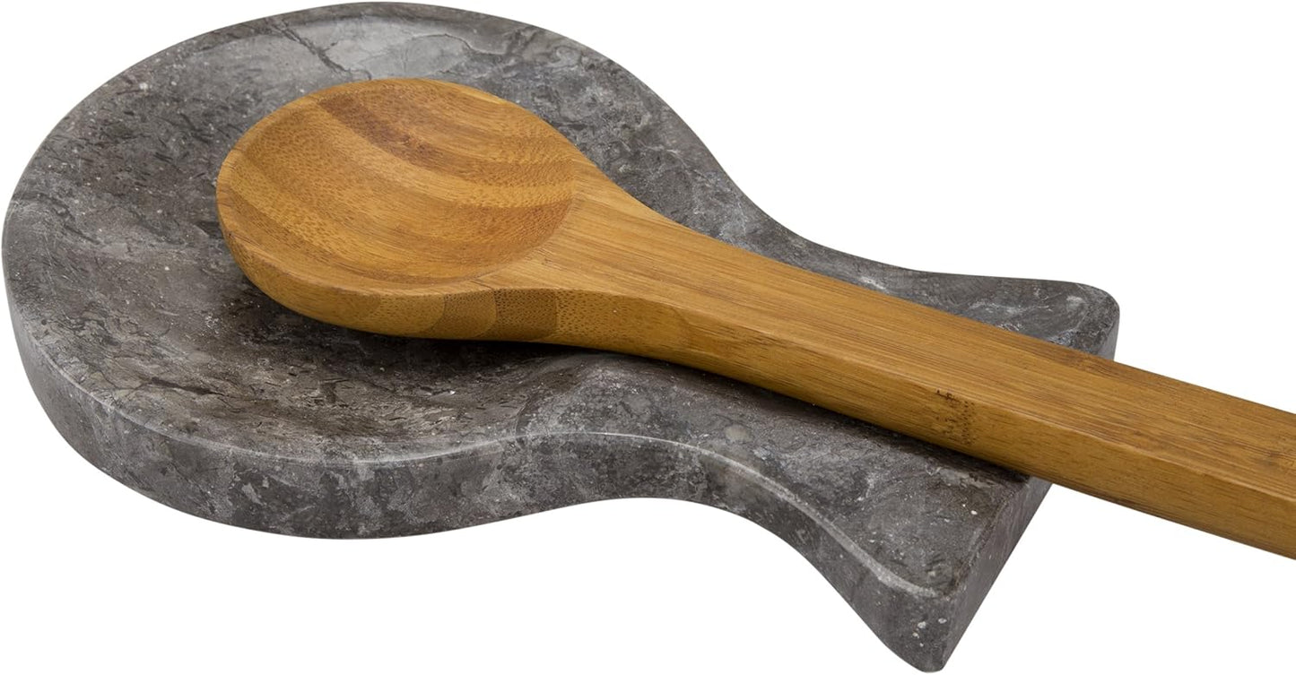 Luxury Hand-Carved Natural Charcoal Marble Spoon Rest – Heavy-Duty Utensil Holder for Spoons, Ladles & Spatulas, Made from Premium Java Stone, Chemical-Free & Elegant (Dark Grey, 8.6”)