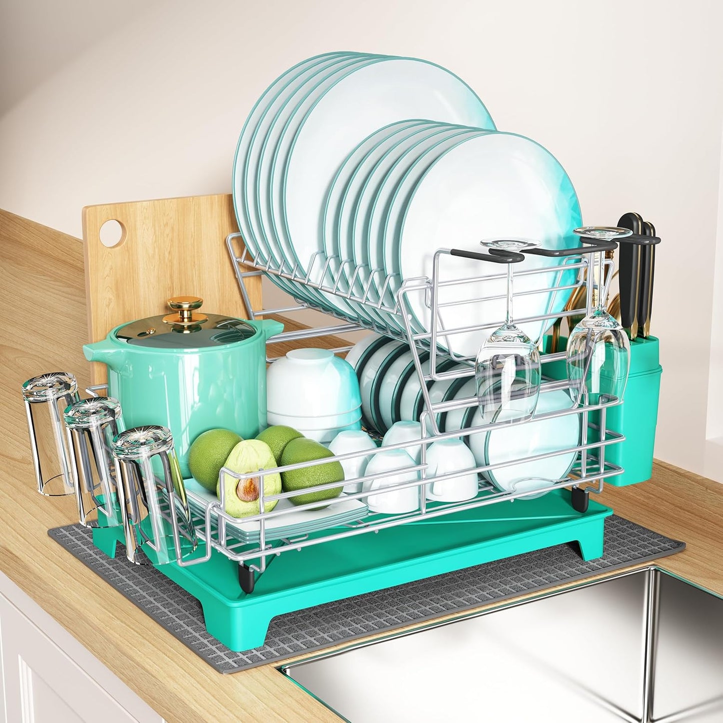 BOOSINY 2 Tier Black Large Stainless Steel Dish Drainers Drying Rack for Kitchen Counter with Drainboard, Rust Proof Metal, Space Saving, Modern Aesthetic, Compact Plates Strainers with Extra Mat